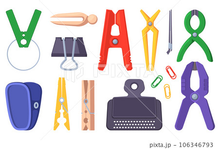 Clip holding tool. Clothespin, office clamp wooden frip and metal clutch bundle, flat clothes pegs. Vector clips isolated collection Clip holding tool. Clothespin, office clamp wooden frip and metal clutch bundle, flat clothes pegs. Vector clips isolated collection 106346793