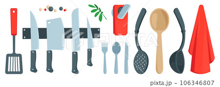 Cartoon cutlery set. Kitchen utensils spoon fork knife ladle strainer spatula, spatula with hole, flat cooking tools. Vector isolated set 106346807