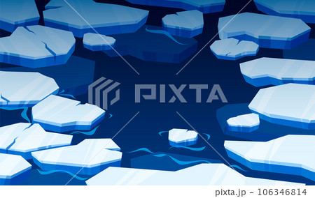Ice floating on surface. Frame of blue icebergs floating on ocean water, polar glacier and cold water cracked ice in frozen water. Vector illustration 106346814