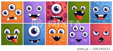 Square monster faces. Cartoon alien and dinosaur faces square banners, funny alien creature mascot with emotion expressions. Vector isolated collection 106346822