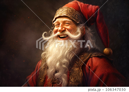 A close-up portrait of a smiling Santa Claus with a white beard 106347030