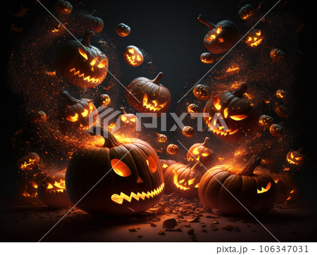 Cartoon illustration with glowing carved pumpkins on the background of roots and branches of trees without foliage 106347031