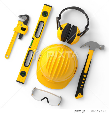 Flying view of yellow construction tools for repair on white background Flying view of yellow construction tools for repair on white background 106347358