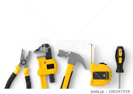 Flying view of yellow construction tools for repair on white background 106347359