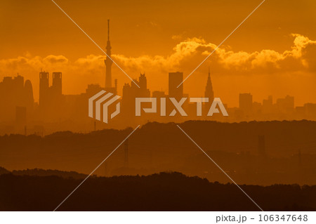 《東京都》東京の夜明け・摩天楼からのぼる太陽 106347648