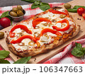 italian pizza with bell pepper, cheese and olives 106347663