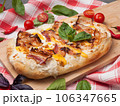 italian pizza with bacon, mozzarella and cheese sauce 106347665
