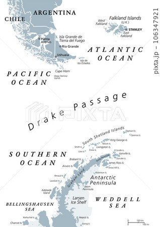 Drake Passage, Mar de Hoces, or Hoces Sea, gray political map. Body of water between Cape Horn and Antarctic Peninsula, connecting South Atlantic with South Pacific and extending into Southern Ocean. Drake Passage, Mar de Hoces, or Hoces Sea, gray political map. Body of water between Cape Horn and Antarctic Peninsula, connecting South Atlantic with South Pacific and extending into Southern Ocean. 106347921