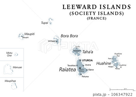 Leeward Islands, gray political map. Western part of the Society Islands in French Polynesia. Overseas collectivity of France in the South Pacific, with capital Uturoa on the largest island Raiatea. 106347922