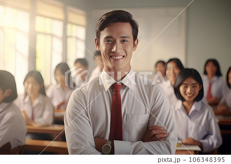 Male teacher in eyeglasses looking at camera and smiling. Male teacher in eyeglasses looking at camera and smiling. 106348395