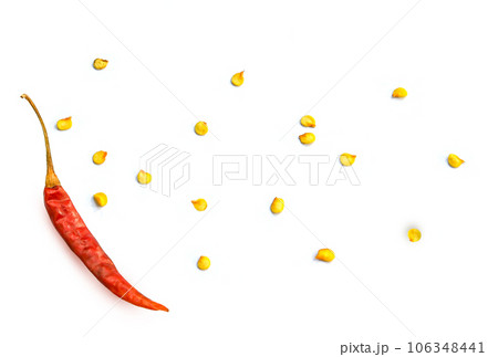 Dry chili pepper flakes. seed red peppers on white background. Top view. 106348441