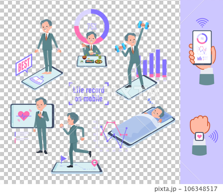 スマートフォンで行動と健康を管理しているビジネス社長男性のセット 106348517