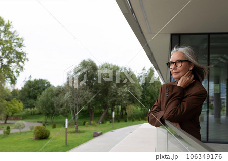 well-groomed elderly gray-haired business woman in a brown jacket and trousers is waiting for a well-groomed elderly gray-haired business woman in a brown jacket and trousers is waiting for a 106349176