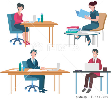 Office workers. Vector illustration. Teamwork maximizes productivity and fosters innovation In team meeting, ideas are brainstormed and decisions are made collectively Office workers support each 106349569