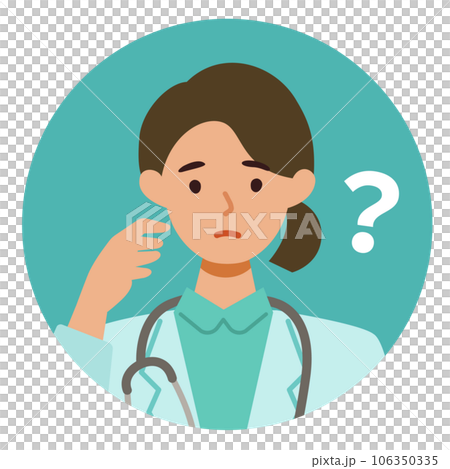 一位身穿白大褂的女醫生上半身的插圖，心存疑慮 106350335
