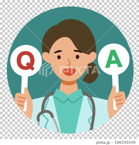 Illustration of the upper body of a female doctor in a white coat Q&A 106350339