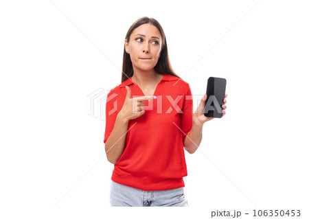 30 year old pretty caucasian woman with straight dark hair dressed in a red short sleeve shirt uses 30 year old pretty caucasian woman with straight dark hair dressed in a red short sleeve shirt uses 106350453
