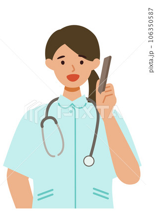白衣の看護師女性のイラスト スマホ 話す 白衣の看護師女性のイラスト スマホ 話す 106350587