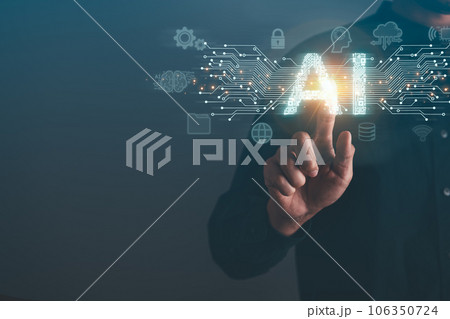 Businessman holding AI Artificial Intelligence icon.AI Chat bot, Futuristic technology, innovation technology and robot concept. 106350724