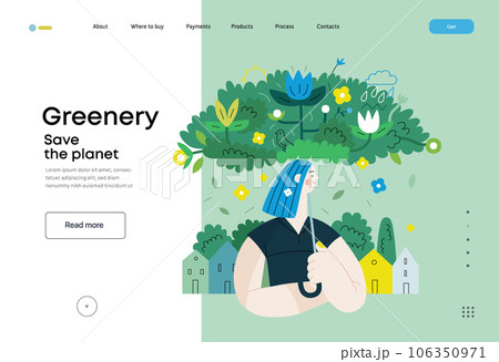 Greenery, ecology -modern flat vector concept illustration of a woman under the green lush umbrella of plants and flowers. Metaphor of environmental sustainability and protection, closeness to nature Greenery, ecology -modern flat vector concept illustration of a woman under the green lush umbrella of plants and flowers. Metaphor of environmental sustainability and protection, closeness to nature 106350971