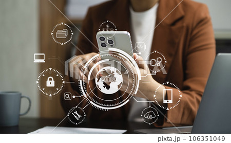 Person using smartphone with SDK icon on virtual screen. SDK Software development kit programming language technology concept in office. Person using smartphone with SDK icon on virtual screen. SDK Software development kit programming language technology concept in office. 106351049