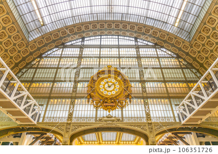 Ornamental golden clock in Orsay Museum, French: Musee d Orsay, in former train station building, Paris, France. 106351726