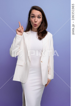 smart european pretty brunette young woman in dress and jacket smart european pretty brunette young woman in dress and jacket 106351965