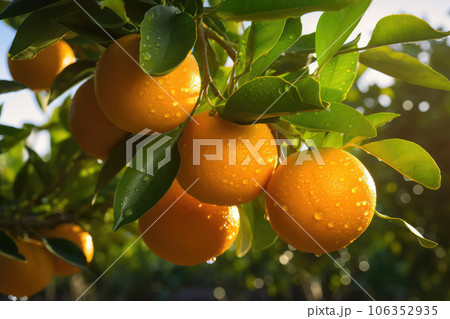 Oranges Thriving on a Bountiful Farm - Sun-kissed oranges flourishing on a lush farm landscape. 106352935