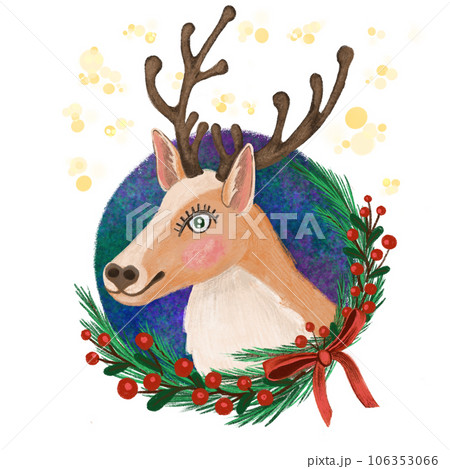Cute Christmas deer. Isolated print on a white background for clothing packaging fabric, wallpaper, postcards Cute Christmas deer. Isolated print on a white background for clothing packaging fabric, wallpaper, postcards 106353066