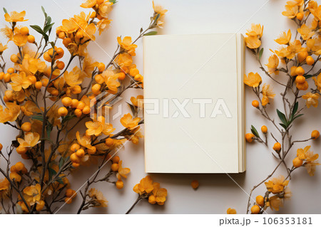 Abstract Background with Blank Book Mockup and Lively Orange Flowers - Fusion of Art and Design Abstract Background with Blank Book Mockup and Lively Orange Flowers - Fusion of Art and Design 106353181