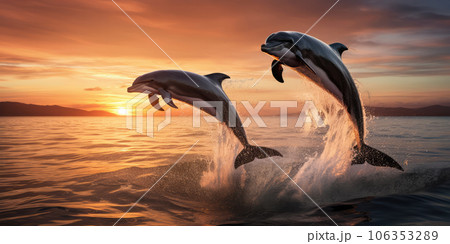 Group of Dolphins Frolicking in Harmonious Leaps Against Sunset Backdrop - Majestic Aquatic Display 106353289