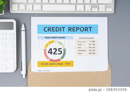 The Poor credit score report and keyboard computer with calculator. 106353350