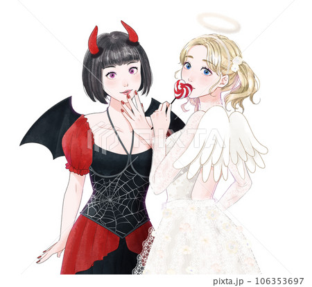 手描きイラスト✣創作水彩原画『Checkmate！』 手描きイラスト✣創作水彩原画『天使と悪魔』 天使と悪魔 仮装した女性達