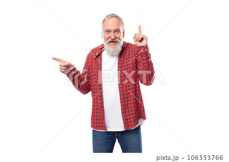 nice positive mature gray-haired man with a beard and mustache tells interesting news 106353766