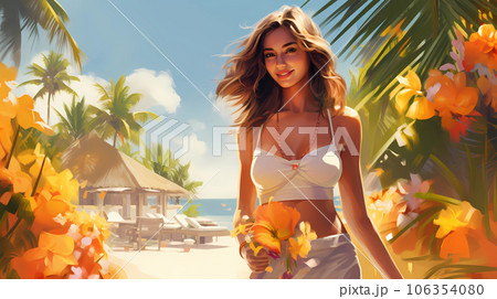 Illustration of a beautiful woman on vacation on a tropical island 106354080