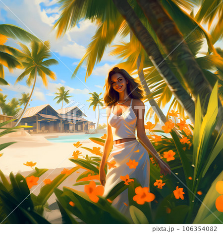 Illustration of a beautiful woman on vacation on a tropical island 106354082