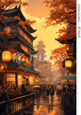 Illustration of a Chinese city with traditional architecture 106354083