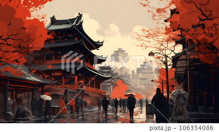 Illustration of a Chinese city with traditional architecture 106354086