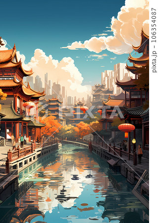 Illustration of a Chinese city with traditional architecture 106354087