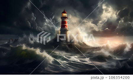 Illustration of a boat sailing towards the lighthouse during a storm 106354200