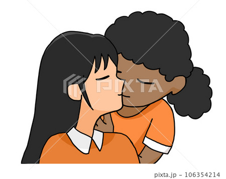 キスをするカップルのイラスト(日本人女子と黒人女子) キスをするカップルのイラスト(日本人女子と黒人女子) 106354214