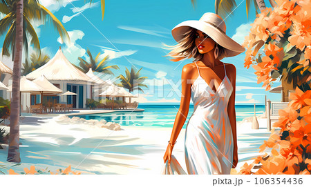 Illustration of a beautiful woman on vacation on a tropical island Illustration of a beautiful woman on vacation on a tropical island 106354436