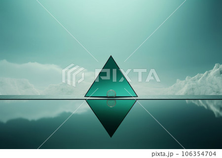 Glass triangle reflecting in the icy cold ocean water on cloudy sky background. Generative AI 106354704