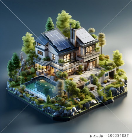 isometric architecture eco sustainable environment generative AI building with ecology sustainability. eco home solar panels windmill nature design concept. eco for web banner, illustration. 106354887