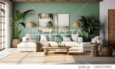 Green living room interior design with neutral color sofa, indoor plant and wall art, modern minimal japandi scandinavian living room 3d illustration. Generative AI 106354901