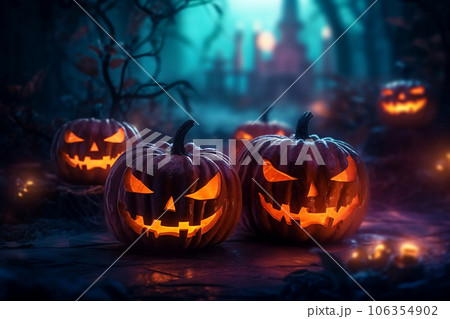 Halloween pumkins in purple color, glowing jack o'lantern creepy smile in the forest with vampire castle, happy halloween realistic 3d illustration. Generative AI 106354902