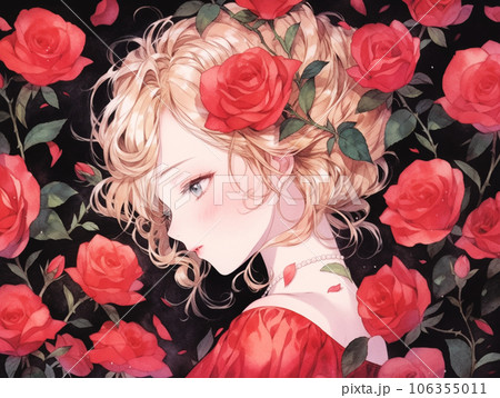 黒背景、薔薇と女性のイラスト素材 [106355011] - PIXTA