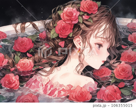 黒背景、ドレスを着た女の子と薔薇のお風呂のイラスト素材 [106355015