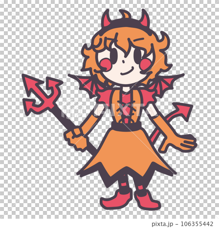 一個穿著可愛魔鬼服裝的微笑女孩的彩色插圖 一個穿著可愛魔鬼服裝的微笑女孩的彩色插圖 106355442