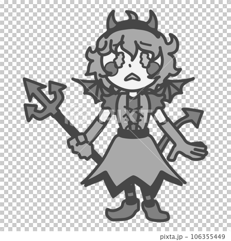 一個穿著可愛魔鬼服裝的悲傷女孩的單色插圖 106355449